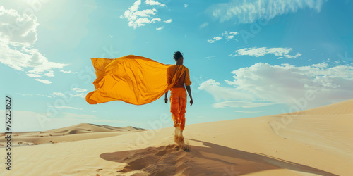 sesión de fotos nueva colección de moda sostenible contra el cambio climático, modelo posando en el desierto con ropa de color naranja 