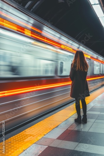 Mujer esperando el tren en el andén de Madrid, retrato minimalista mujer esperando el subway por la noche