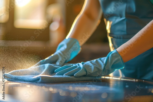 close up hands cleaning on the work table, cleaning service concept, housewife