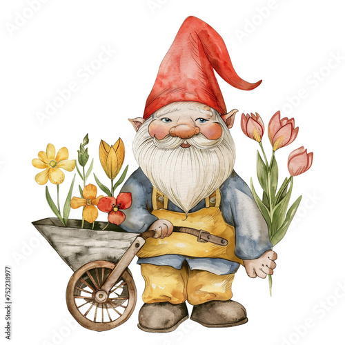 Cheerful watercolor illustration of a gnome with a wheelbarrow full of vibrant spring flowers. photo