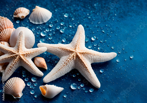 Refreshing sea-inspired composition with white starfish and shells on a textured blue background with water droplets. Generative AI