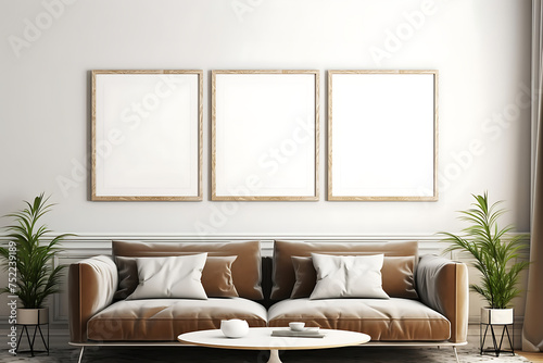 Frame mockup, ISO A paper size. Living room wall poster mockup. Interior mockup with house background. Modern interior design. 3D render © Rana