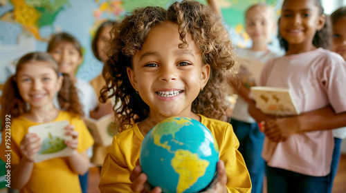 Cheerful Curly-Haired girl Holding Globe in Classroom looking at camera. Global Geography end Sustainability Education