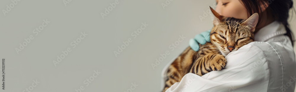 A veterinarian in a white medical coat holds a beautiful Bengal cat in his arms. Pet care concept, routine checkup. Veterinarian's Day. Banner, place for text
