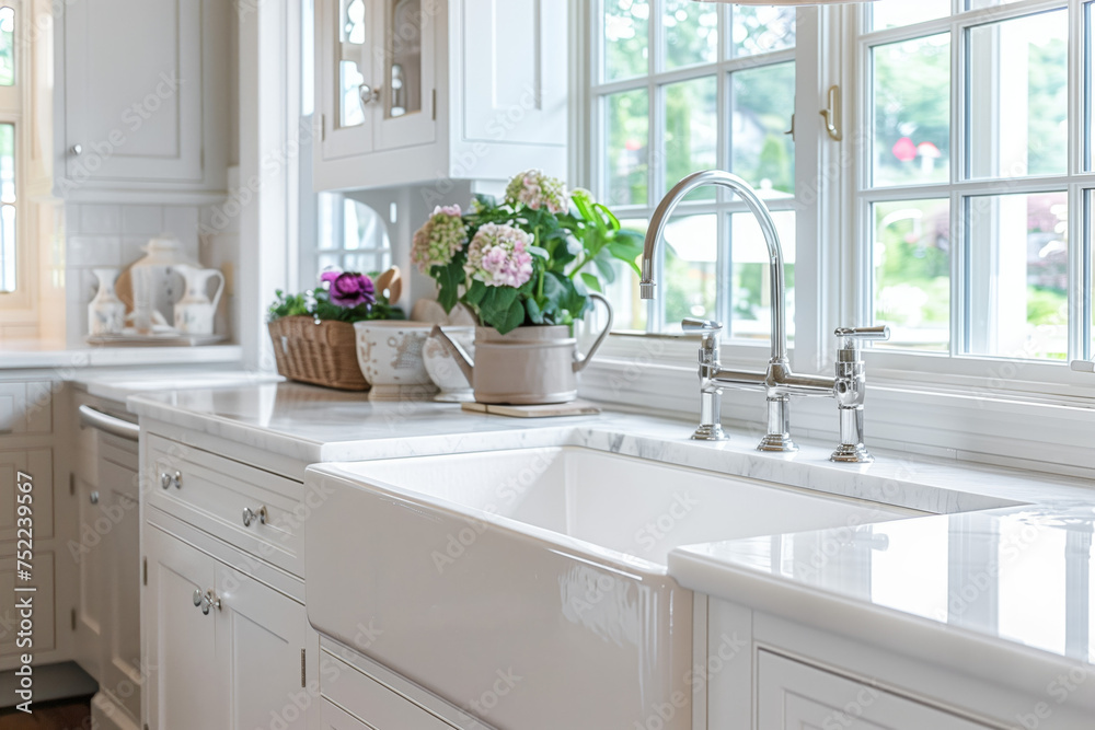 A beautiful sink in a white modern farmhouse kitchen with a chrome faucet, white apron sink, and white granite in front of bright windows. - obrazy, fototapety, plakaty 