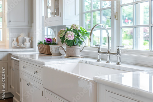 A beautiful sink in a white modern farmhouse kitchen with a chrome faucet, white apron sink, and white granite in front of bright windows.