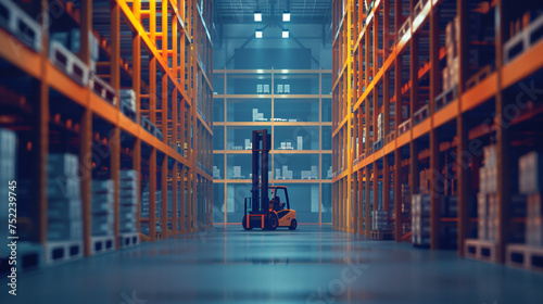 Forklift in warehouse. Logistics and transportation concept. 3d rendering. AI.