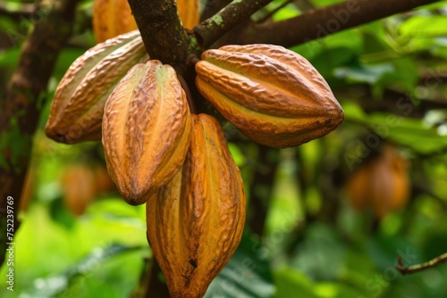 Close up Cocoa pods hanging on tree in cocoa plantation. generative ai