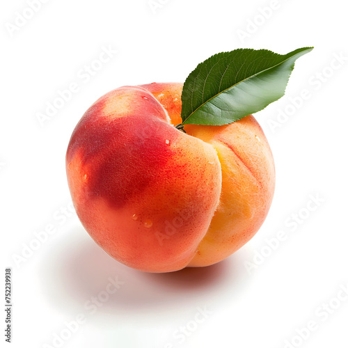 Peach with leaf on clean white background, isolated fruits design