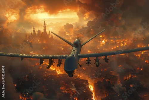 Burning city warfare: military combat drone strikes urban buildings