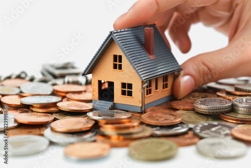 House on coins and hands with construction and repair tools on a white background. AI Generated