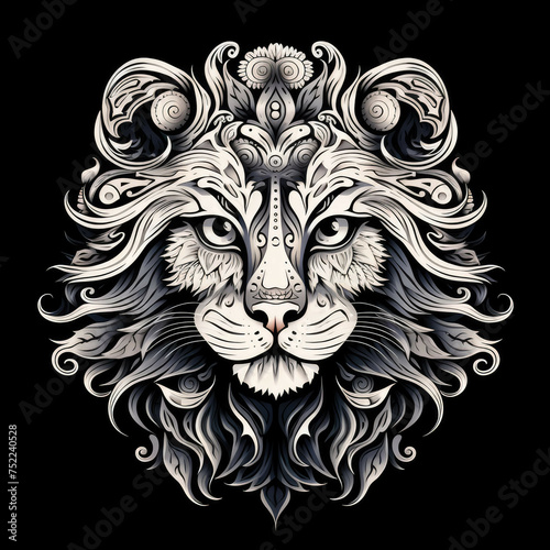 Lion cat Mandala Style Illustration, black and white