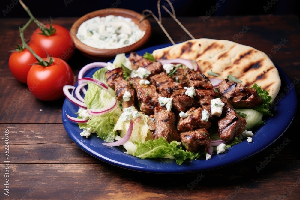 Greek souvlaki with pita bread, tzatziki sauce and salad.