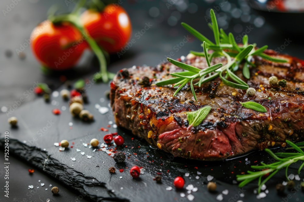Grilled steak seasoned with spices and fresh herbs on slate. Gourmet food and cuisine. Grilled steak seasoned with spices and fresh herbs on slate. Gourmet food and cuisine.