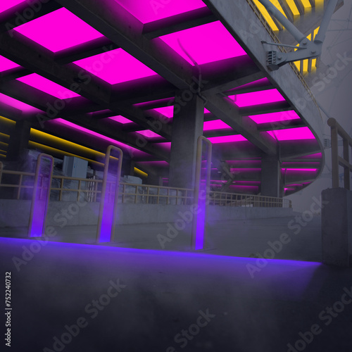 Poster. Contemporary art collage. Tunnel with purple and yellow lights. City in neon fog. Urban street style. Concept of culture and tourism, futurism, innovation and digital age. © Lustre