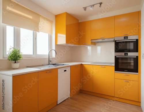 a small modern kitchen with yellow cabinets minimalistic style, AI generation © Mary