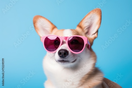 very happy dog corgi with sunglasses on pink bright background © dashtik