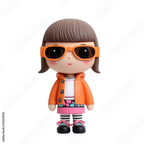 3d Cartoon Girl character wearing orange glasses and orange jacket, isolated, PNG photo