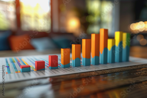 Graph charts that are 3D models are inside the office. Show financial balance. AI generated