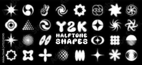 Y2K elements, large collection of abstract shapes in halftone pixel style. Set of retro isolated vector symbols for 2000s aesthetic design