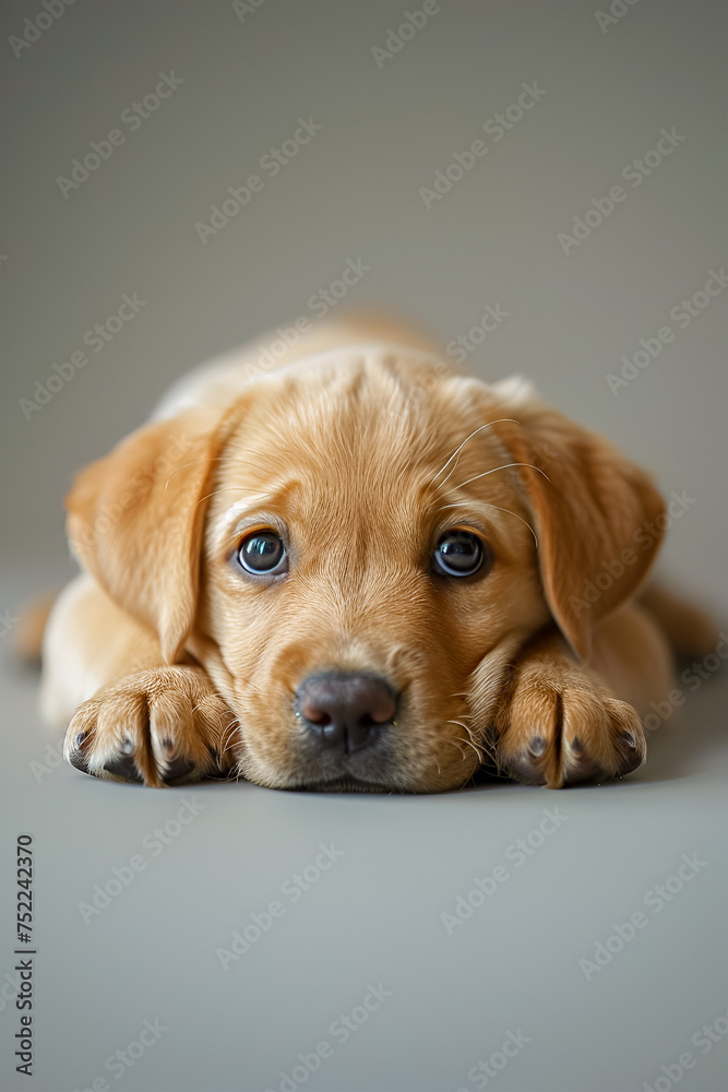 Portrait of a cute little Labrador puppy with its muzzle on its paws. The concept of caring for and caring for pets. Veterinarian's Day. Vertical image