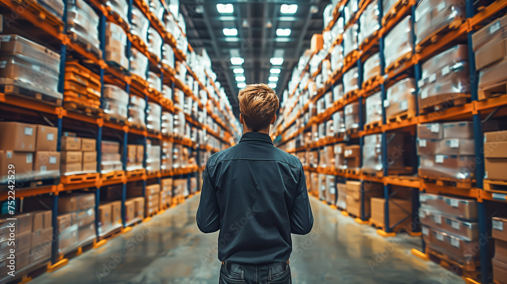 A man in a logistics warehouse looking down the aisles, viewed from behind by the camera. A man in a logistics warehouse looking down the aisles, viewed from behind by the camera.