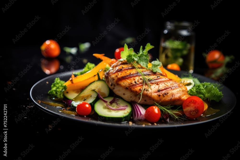 Grilled chicken breast fillet and fresh vegetable salad in dark plate on black Grilled chicken breast fillet and fresh vegetable salad in dark plate on black