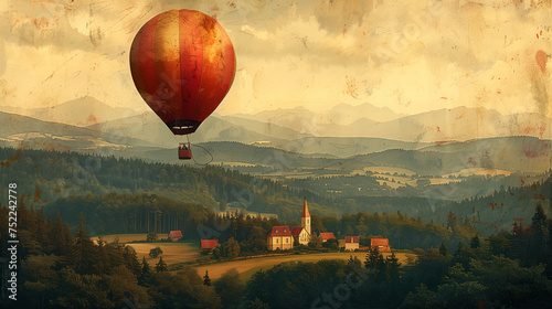 Paysage ancien avec une montgolfière qui survole un petit village de campagne au milieu de la forêt et des montagnes photo