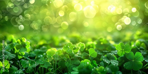 Morning dew on shamrocks in a luminous green field shines under rays of sunlight.