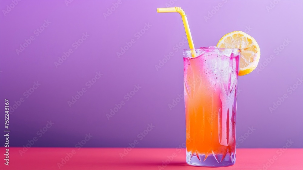 A vibrant Tequila Sunrise cocktail with a lemon slice and straw, against a purple background. A vibrant Tequila Sunrise cocktail with a lemon slice and straw, against a purple background.