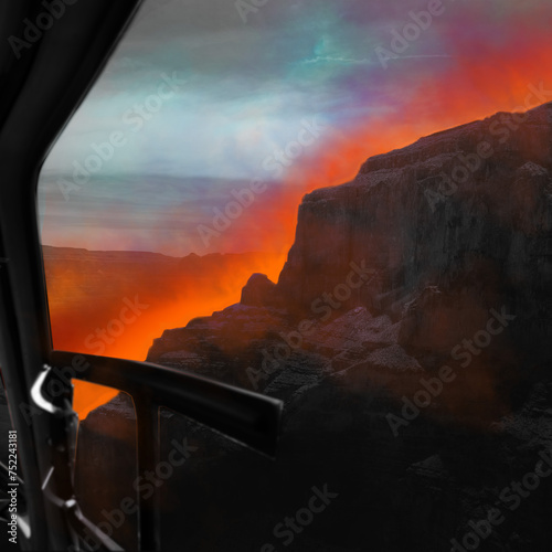 Poster  Contemporary art collage. View from car window showing dramatic neon-lit canyon landscape with vibrant orange color. Urban street style. Concept of futurism  innovation and digital age.