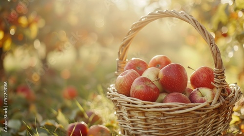 Sunlit basket of ripe red apples in an orchard during the fall harvest.