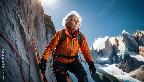 Old woman hiking up a snowy mountain with a backpack on her back