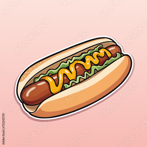 Hot dog with sausage, mustard, ketchup and lettuce. Color vector illustration in cartoon style on soft pink background