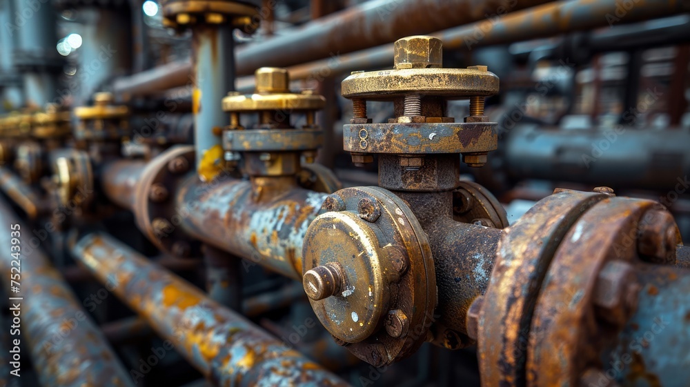 Close-up of aged brass valves on weathered steel pipes with a backdrop of old machinery