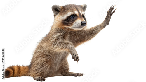 A playful raccoon shown in a side view raising its front paw as if waving or reaching for something, isolated on a white background