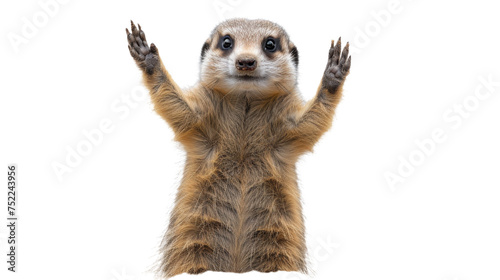A meerkat with an attentive posture, front arms raised as if surrendering, isolated on a white background photo