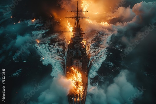 Spectacular tragedy: warship ablaze on the open waters