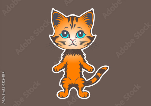 Vector cartoon cute standing red funny kitten. Fluffy pet. Sticker or icon. Dark background.