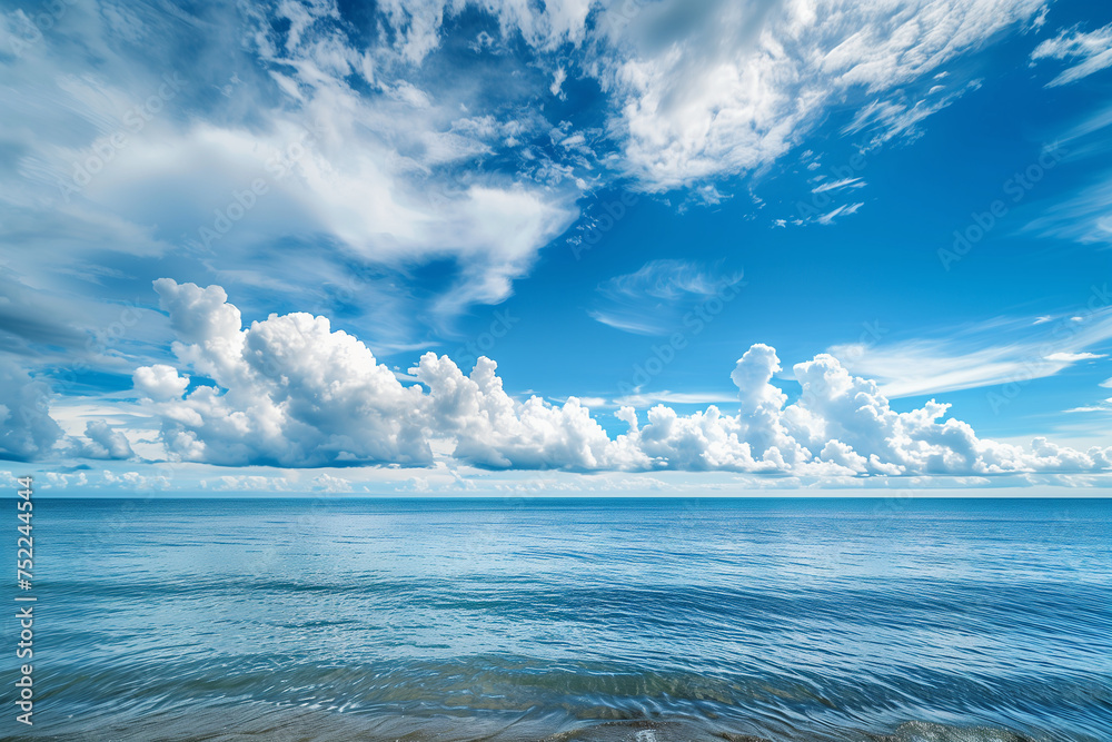A beautiful blue sky with a few clouds and a calm ocean