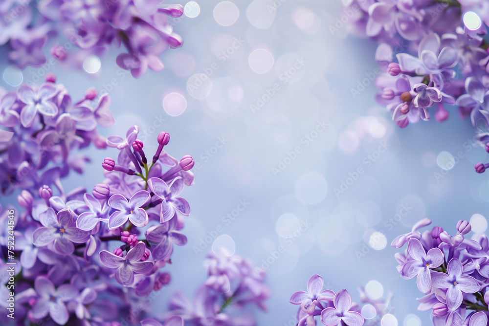 Lilac flower frame background on pastel background with bokeh