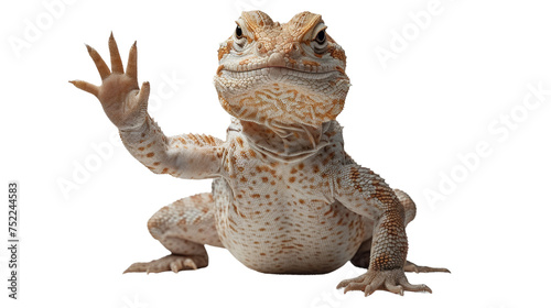 A distinctive image of a bearded dragon lizard with one limb raised, resembling a 'high five' against a stark white background