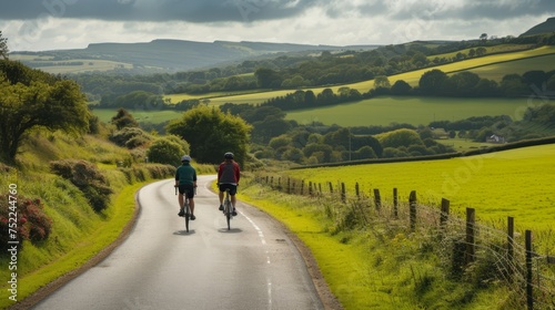 Rear view of two cyclists riding on a winding road amidst a picturesque landscape of green fields and hills. Active lifestyle concept.