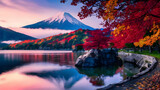 Colorful Autumn Season and Mountain Fuji with morning fog and red leaves at lake