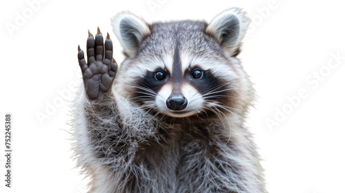 A cute raccoon with distinctive black mask and bushy tail raises its paw as if waving hello, isolated on white background