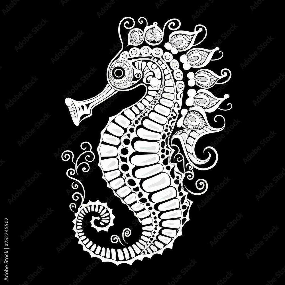 Fototapeta premium Seahorse Mandala Style Illustration, black and white