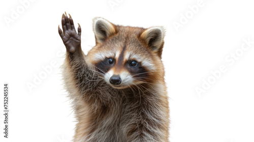 Another adorable raccoon with a raised paw greeting warmly, showcasing its bushy tail and curious eyes, isolated on a white background