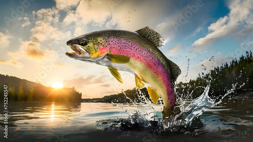 Fishing. Rainbow trout fish jumping with splashing in water photo