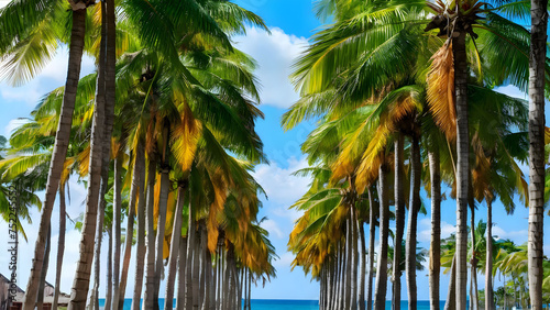 View of palm trees and sea at beach.
