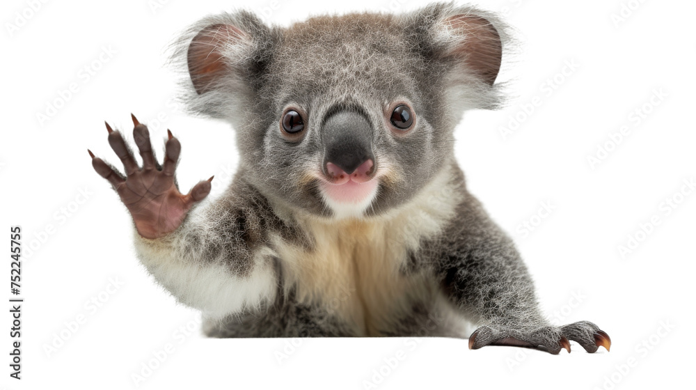 Naklejka premium Cute koala with a raised paw, creating an engaging and amusing portrait on a white backdrop